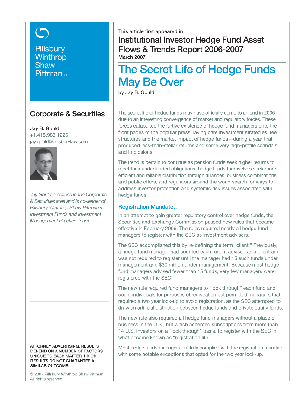 The Secret Life of Hedge Funds May Be Over by Jay B