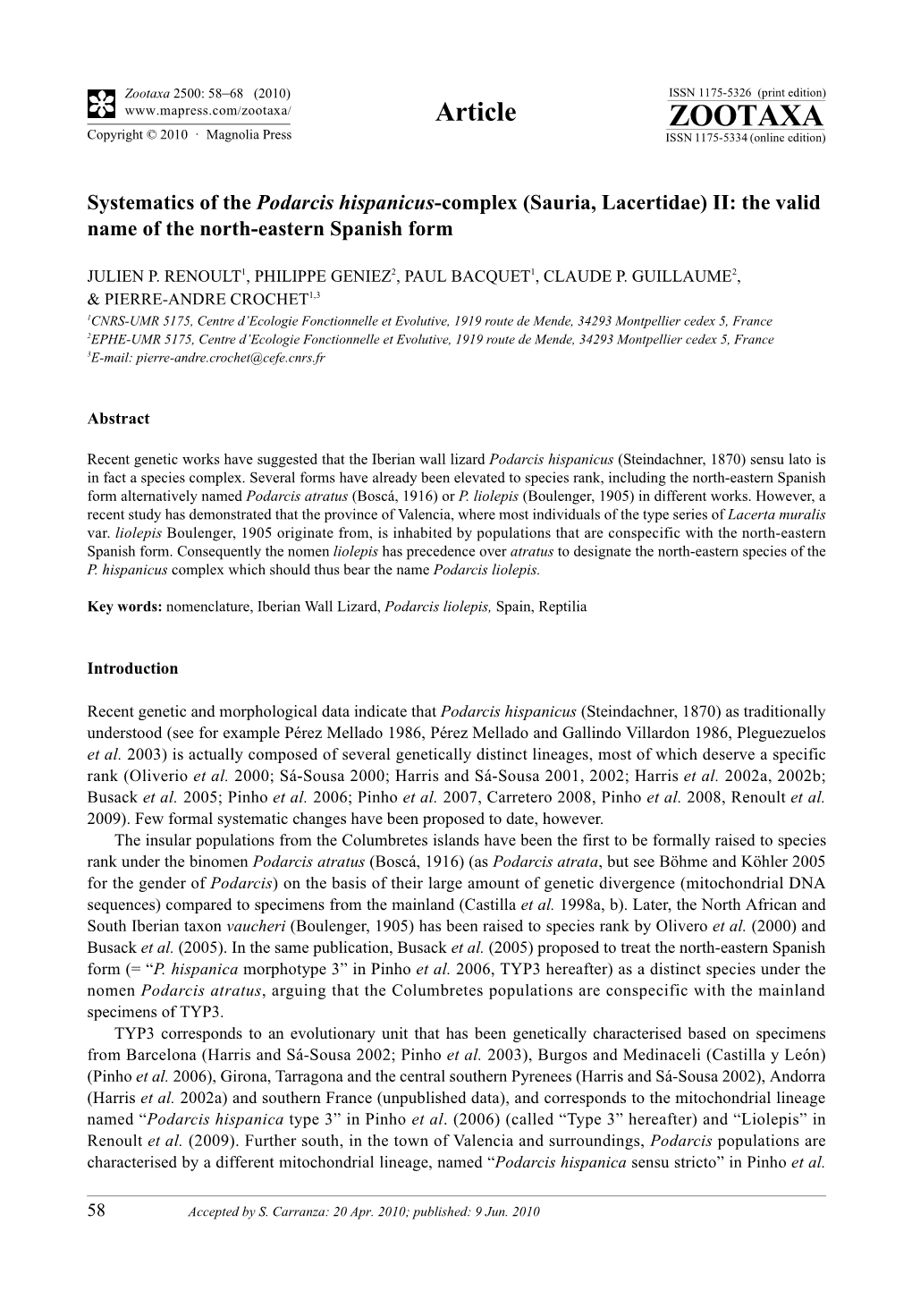 Zootaxa, Systematics of the Podarcis Hispanicus-Complex