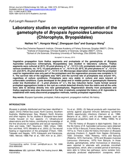 Laboratory Studies on Vegetative Regeneration of the Gametophyte of Bryopsis Hypnoides Lamouroux (Chlorophyta, Bryopsidales)