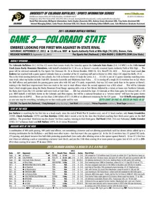 GAME 3—COLORADO STATE EMBREE LOOKING for FIRST WIN AGAINST IN-STATE RIVAL SATURDAY, SEPTEMBER 17, 2011 � 11:40 A.M