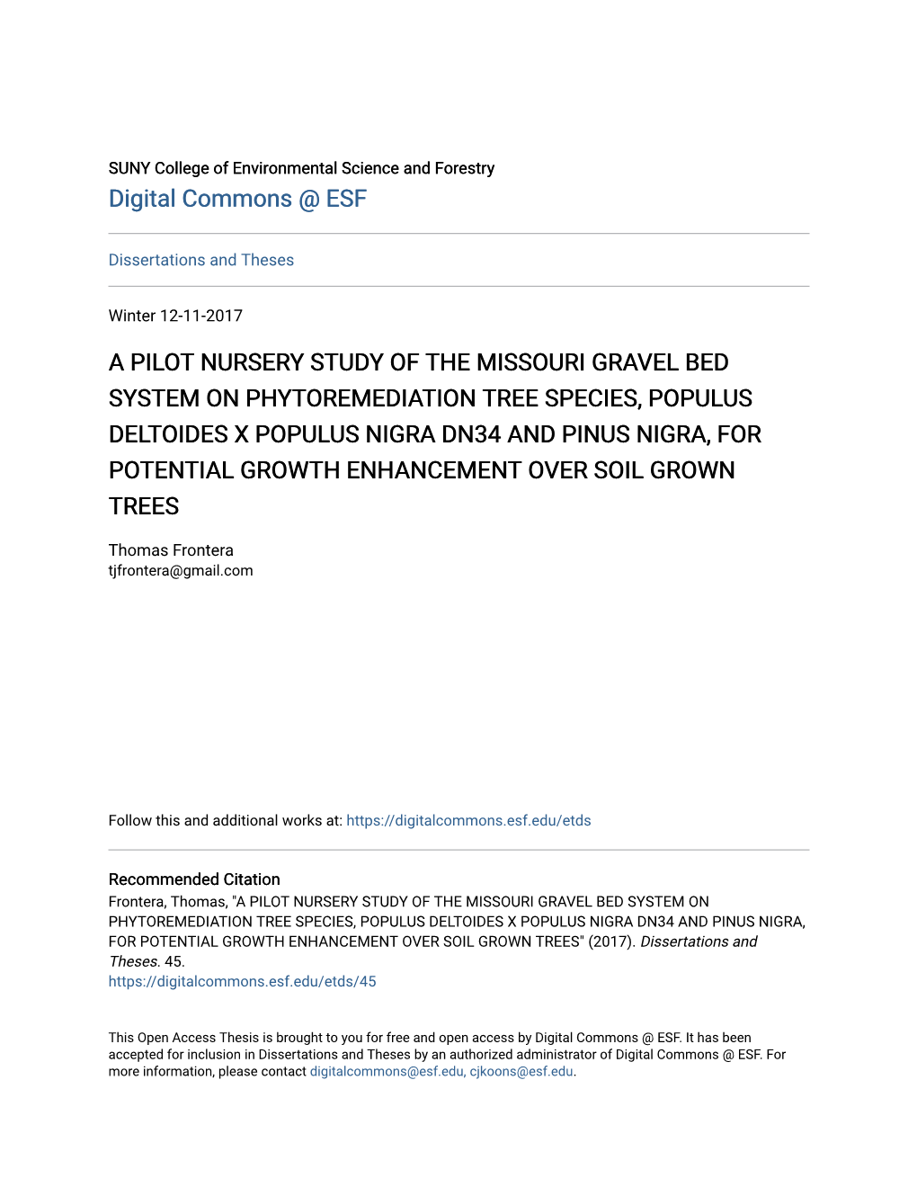 A Pilot Nursery Study of the Missouri Gravel Bed System On