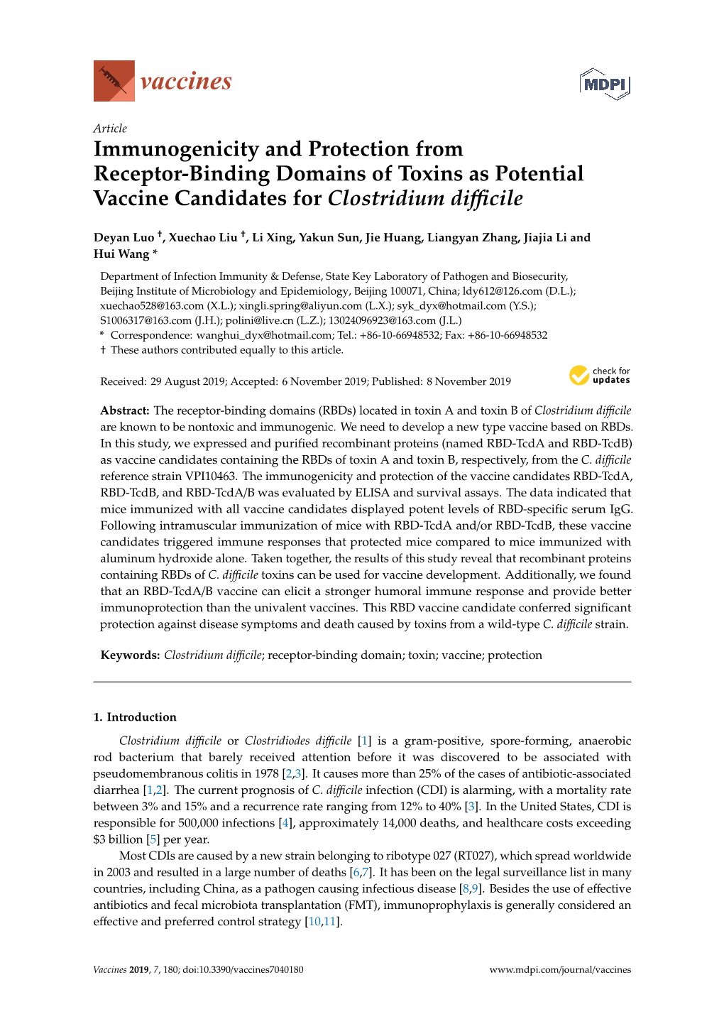 Immunogenicity and Protection from Receptor-Binding Domains of Toxins As Potential Vaccine Candidates for Clostridium Diﬃcile