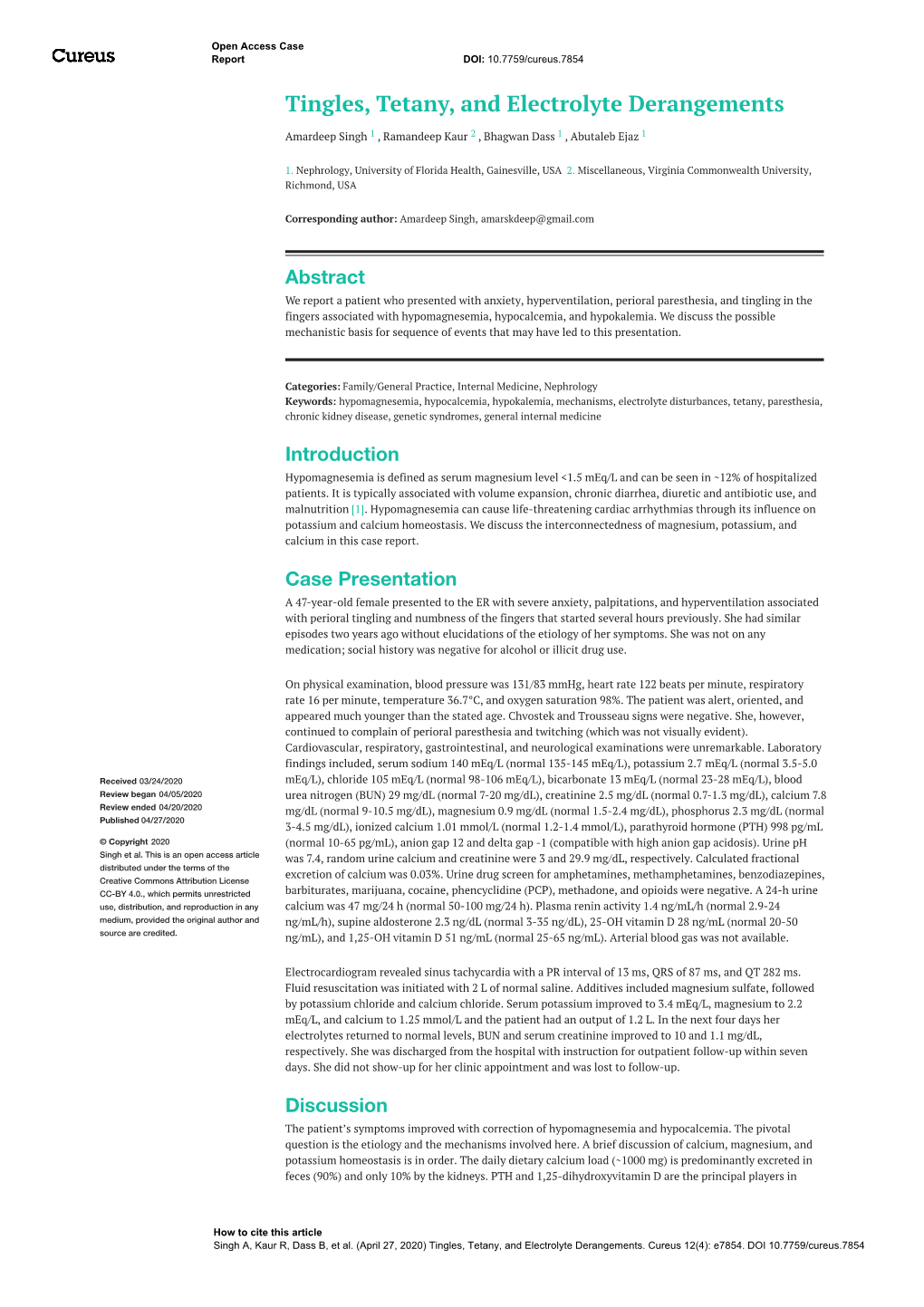 Tingles, Tetany, and Electrolyte Derangements