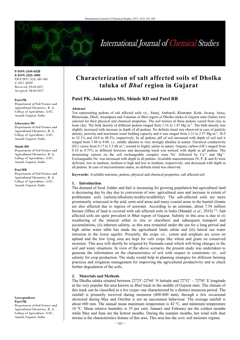 Characterization of Salt Affected Soils of Dholka Taluka of Bhal Region In