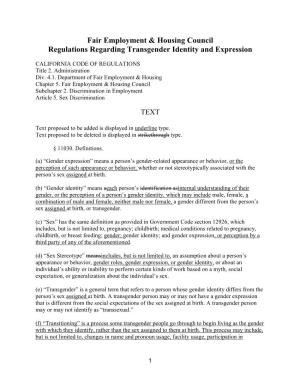 Fair Employment & Housing Council Regulations Regarding Transgender Identity and Expression
