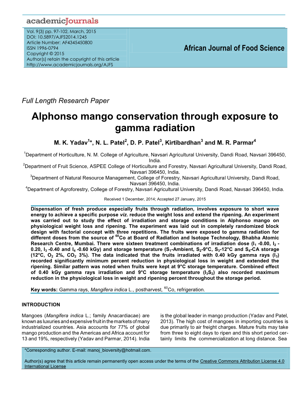 Alphonso Mango Conservation Through Exposure to Gamma Radiation
