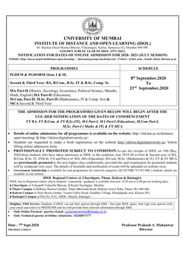 Notification for Dates of Online Admission For