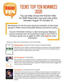 TEENS' TOP TEN NOMINEES 2020 You Can Help Choose the Final Ten Titles for 2020! Read Them Now and Vote Online Between August 15-October 12