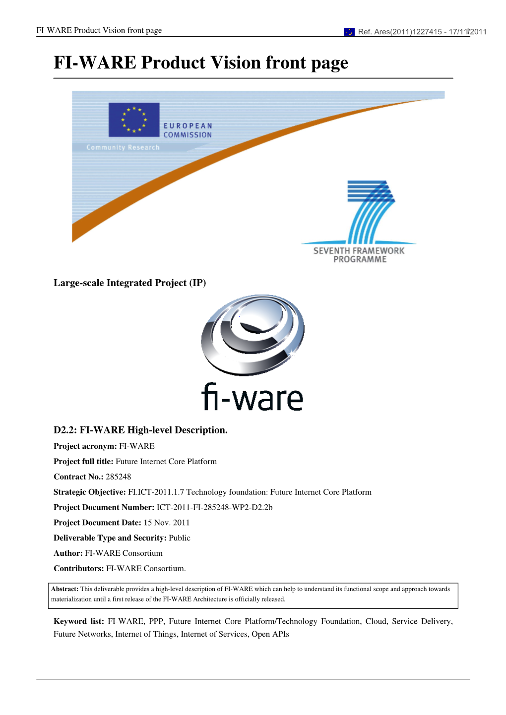 FI-WARE Product Vision Front Page Ref