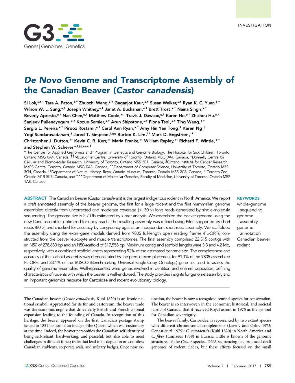 De Novo Genome and Transcriptome Assembly of the Canadian Beaver (Castor Canadensis)