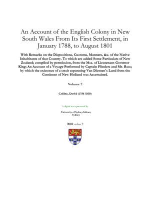 An Account of the English Colony in New South Wales from Its First Settlement, in January 1788, to August 1801