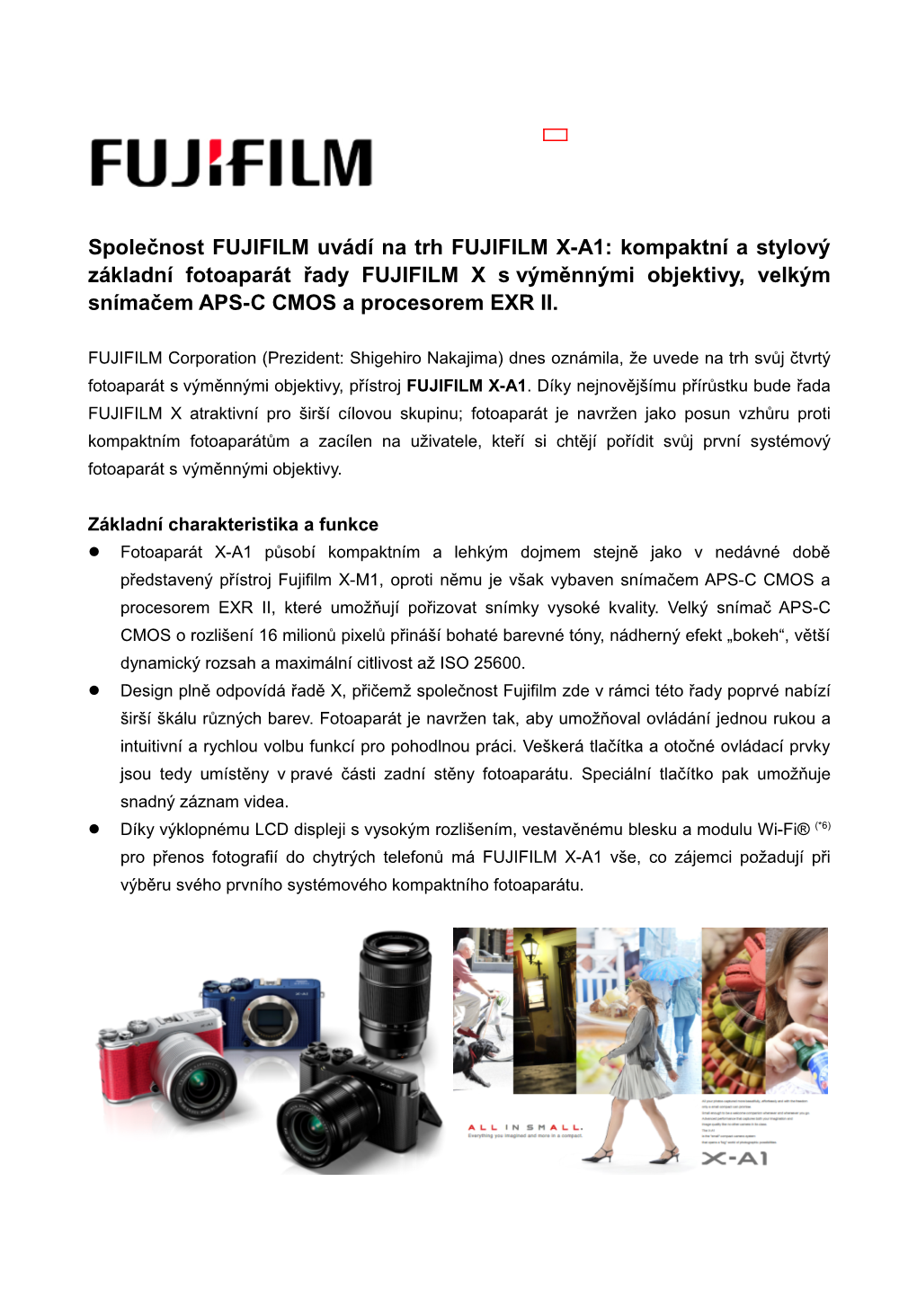 Společnost FUJIFILM Uvádí Na Trh FUJIFILM X-A1: Kompaktní a Stylový