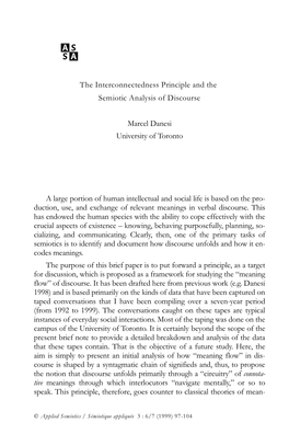 The Interconnectedness Principle and the Semiotic Analysis of Discourse Marcel Danesi University of Toronto a Large Portion of H