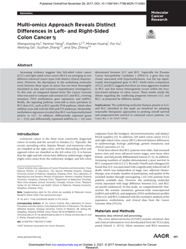 And Right-Sided Colon Cancer Wangxiong Hu1, Yanmei Yang2, Xiaofen Li1,3, Minran Huang1, Fei Xu1, Weiting Ge1, Suzhan Zhang1,4, and Shu Zheng1,4