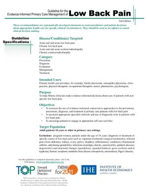 Guidline for the Evidence-Informed Primary Care Management of Low Back Pain