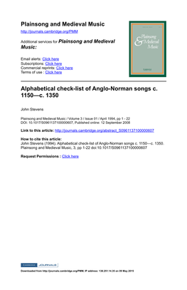 Plainsong and Medieval Music Alphabetical Check-List of Anglo