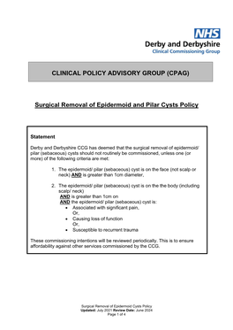 Surgical Removal of Epidermoid and Pilar Cysts Policy