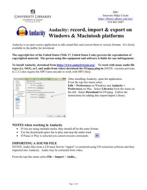 Audacity: Record, Import & Export on Windows & Macintosh Platforms
