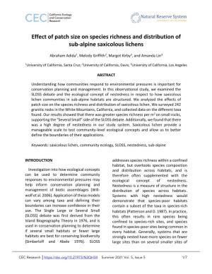 Effect of Patch Size on Species Richness and Distribution of Sub-Alpine Saxicolous Lichens