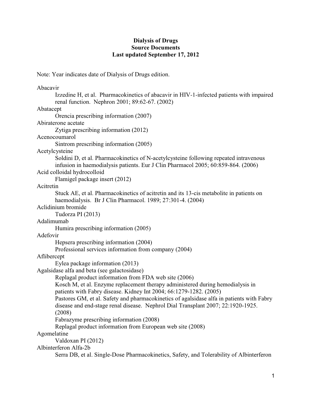 Dialysis of Drugs Source Documents Last Updated September 17, 2012