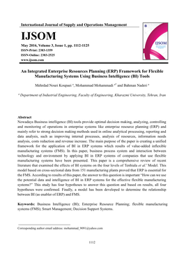 Erprise Resources Planning (ERP) Framework for Flexible Manufacturing Systems Using Business Intelligence (BI) Tools
