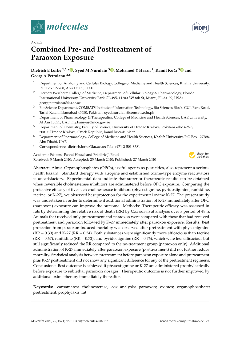 Combined Pre-And Posttreatment of Paraoxon Exposure