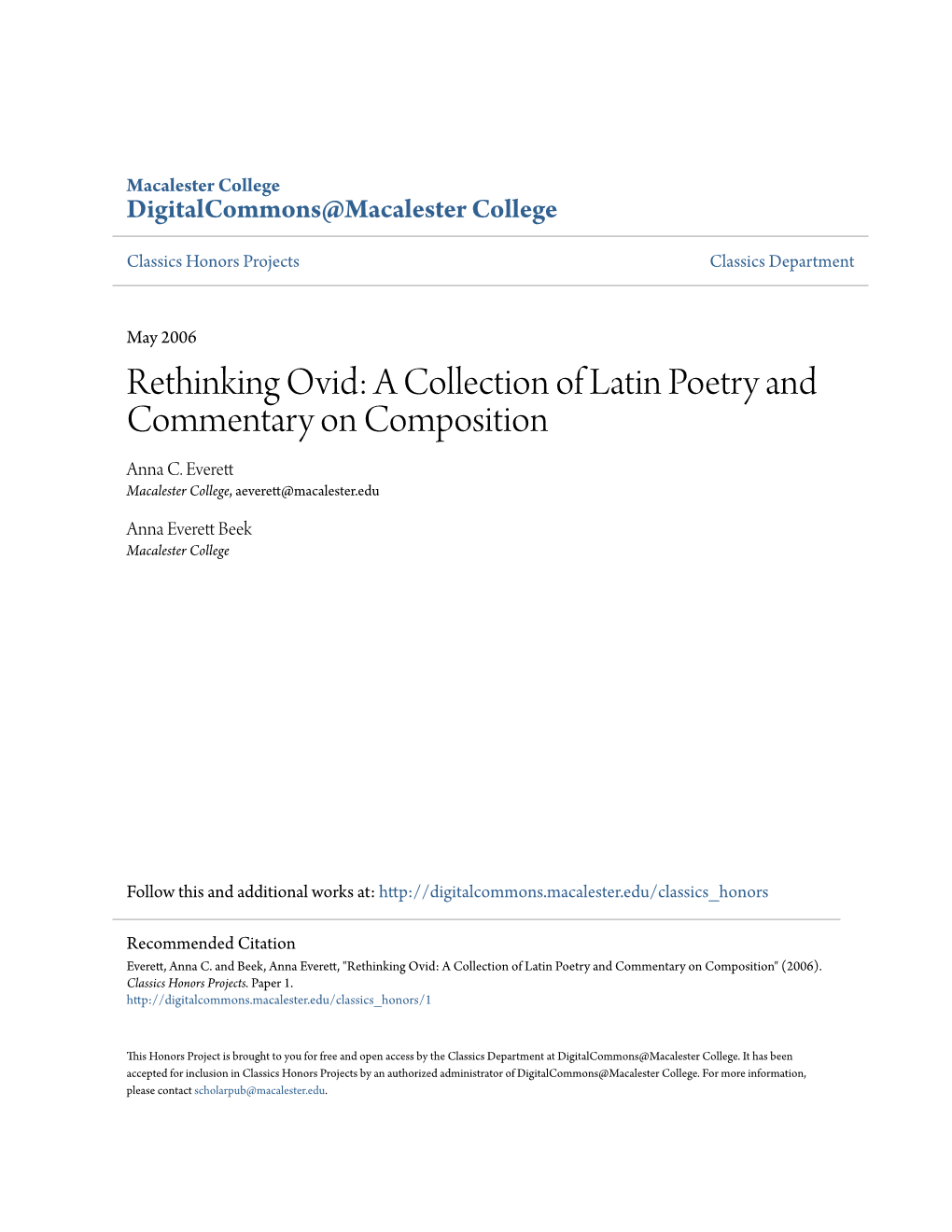 Rethinking Ovid: a Collection of Latin Poetry and Commentary on Composition Anna C