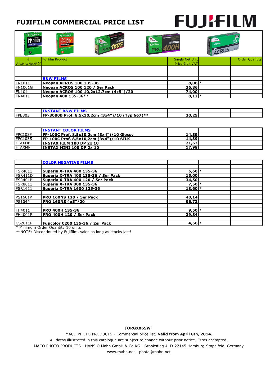 Fujifilm Commercial Price List