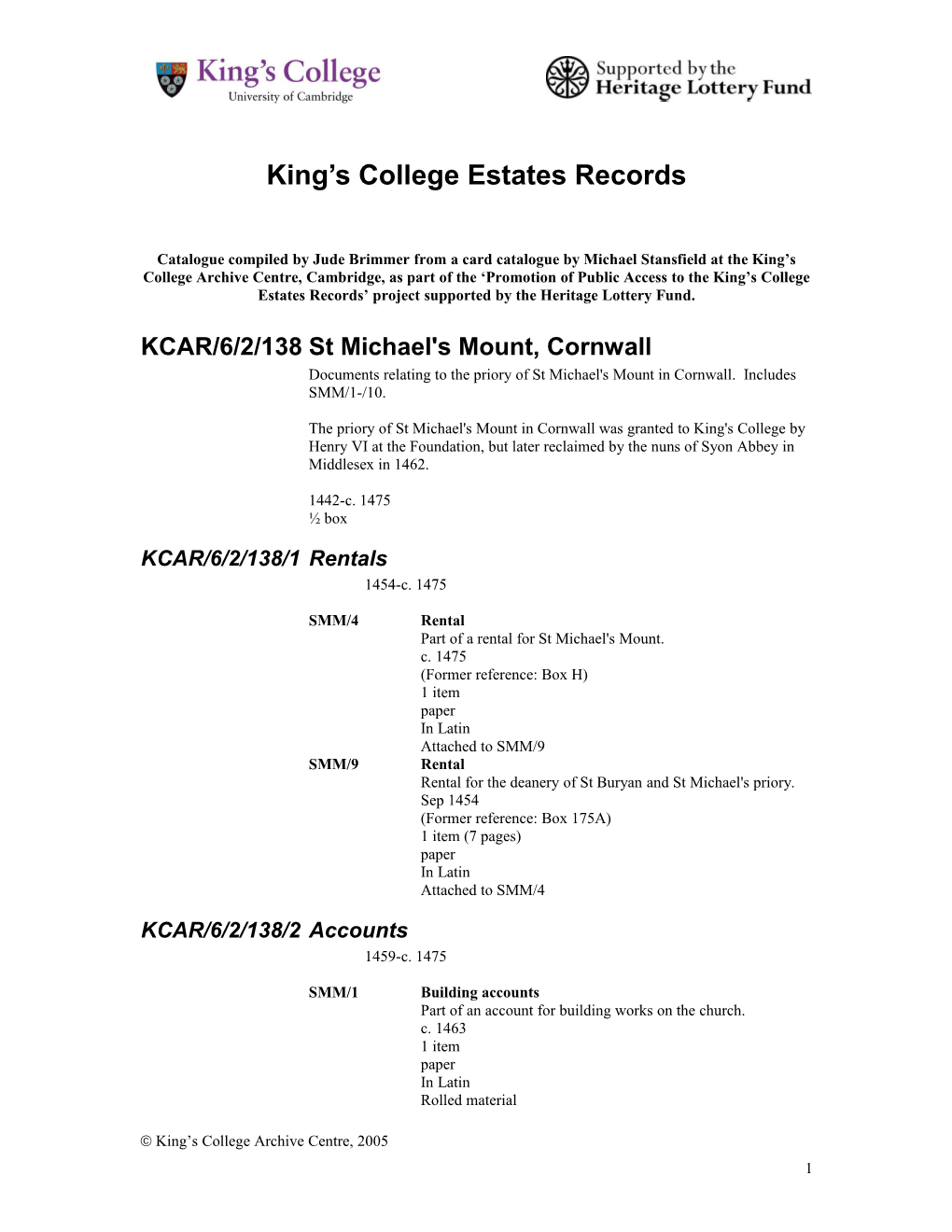 King S College Estates Records