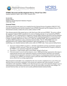 FFRDC Research and Development Survey: Fiscal Year 2012 Detailed Statistical Tables | NSF 14-302 | January 2014