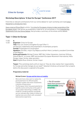 Workshop Descriptions “A Soul for Europe” Conference 2017 Topic 1