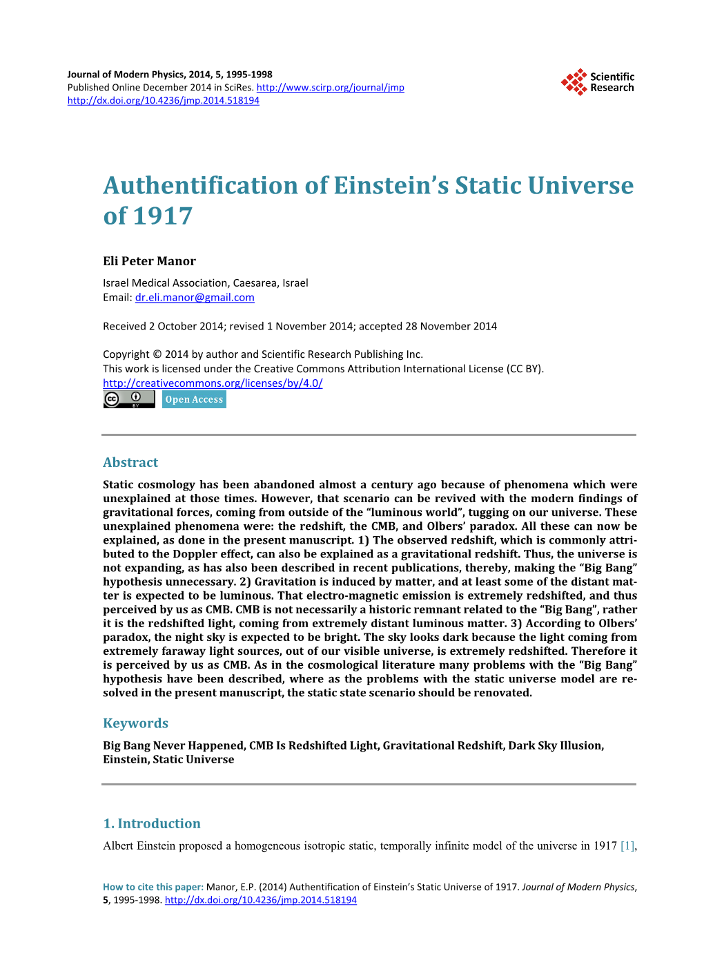 Authentification of Einstein's Static Universe of 1917