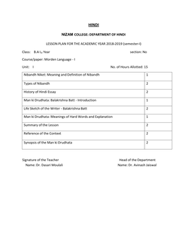 DEPARTMENT of HINDI LESSON PLAN for the ACADEMIC YEAR 2018-2019 (Semester-II)