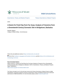 A Desire for Fired Clay from Far Away: Analysis of Ceramics from a Seventeenth-Century Domestic Site in Bridgetown, Barbados