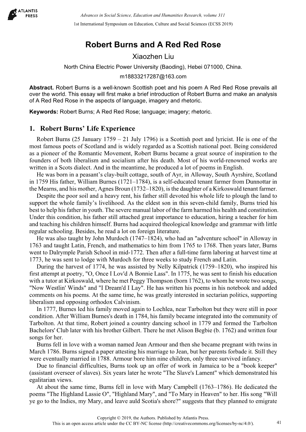 Robert Burns and a Red Red Rose Xiaozhen Liu North China Electric Power University (Baoding), Hebei 071000, China