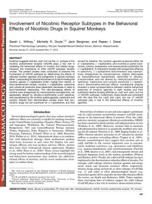Involvement of Nicotinic Receptor Subtypes in the Behavioral Effects of Nicotinic Drugs in Squirrel Monkeys
