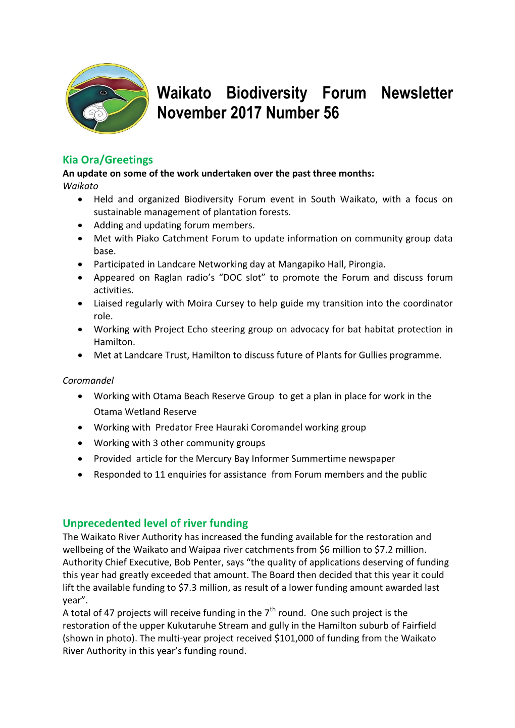 Waikato Biodiversity Forum Newsletter November 2017 Number 56