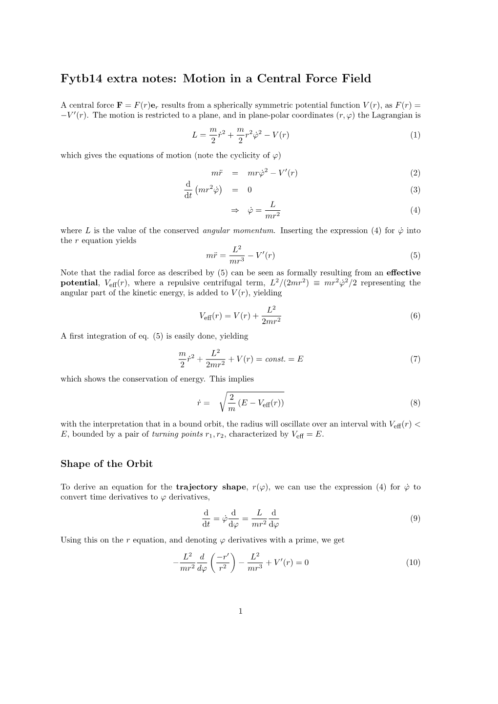 Fytb14 Extra Notes: Motion in a Central Force Field