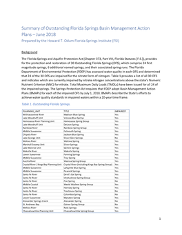 Summary of Outstanding Florida Springs Basin Management Action Plans – June 2018 Prepared by the Howard T