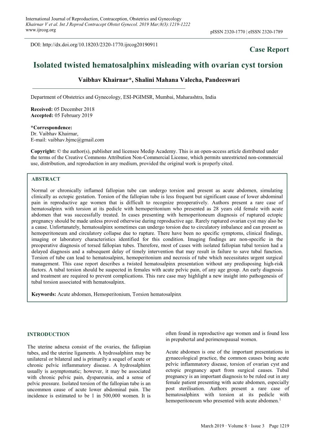 Isolated Twisted Hematosalphinx Misleading with Ovarian Cyst Torsion