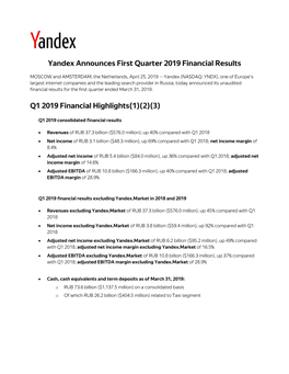 Yandex Announces First Quarter 2019 Financial Results