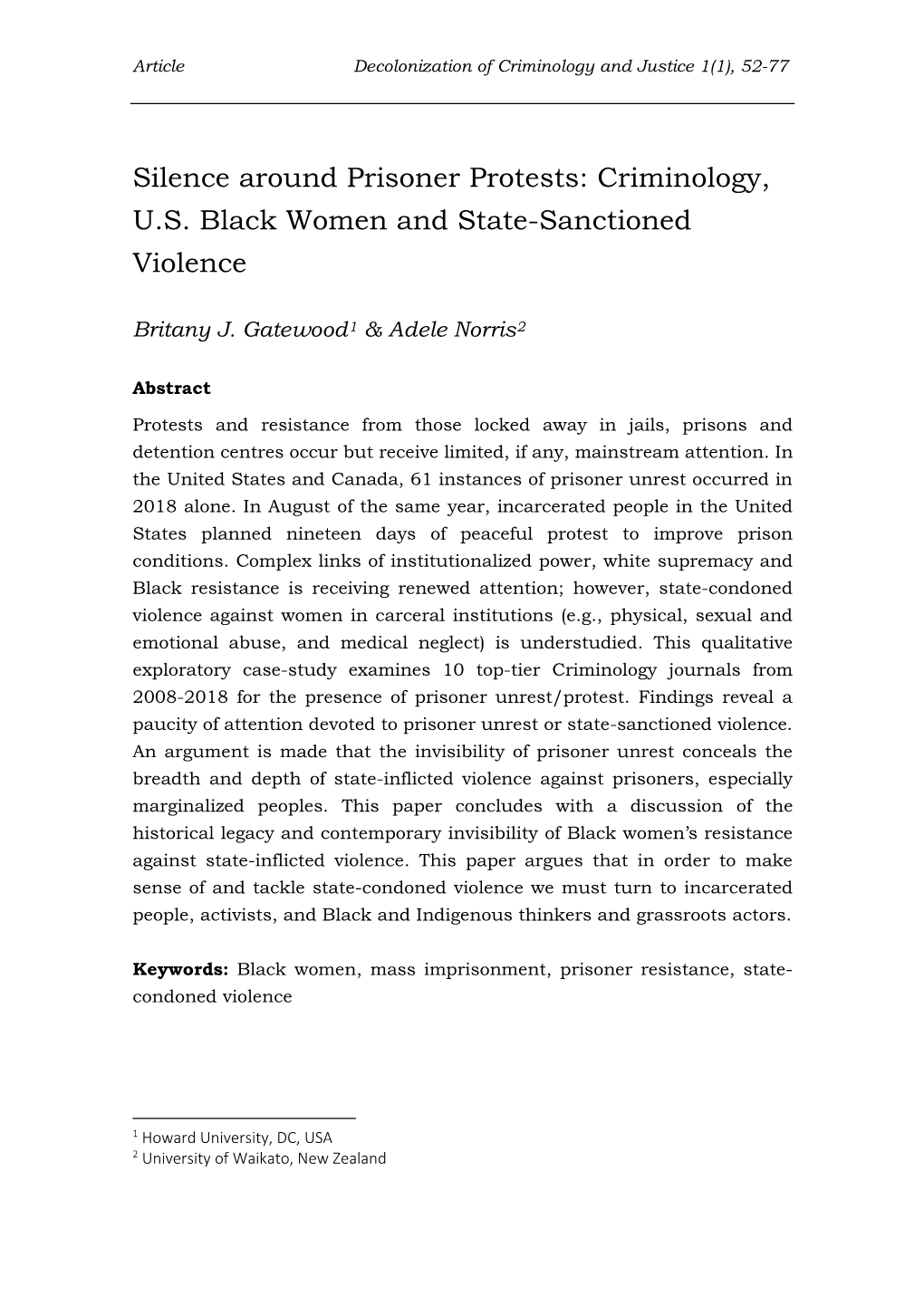 Silence Around Prisoner Protests: Criminology, U.S. Black Women and State-Sanctioned Violence