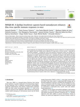 IMXQB-80: a Quillaja Brasiliensis Saponin-Based Nanoadjuvant Enhances Zika Virus Speciﬁc Immune Responses in Mice