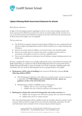 Update Following Welsh Government Statement for Schools