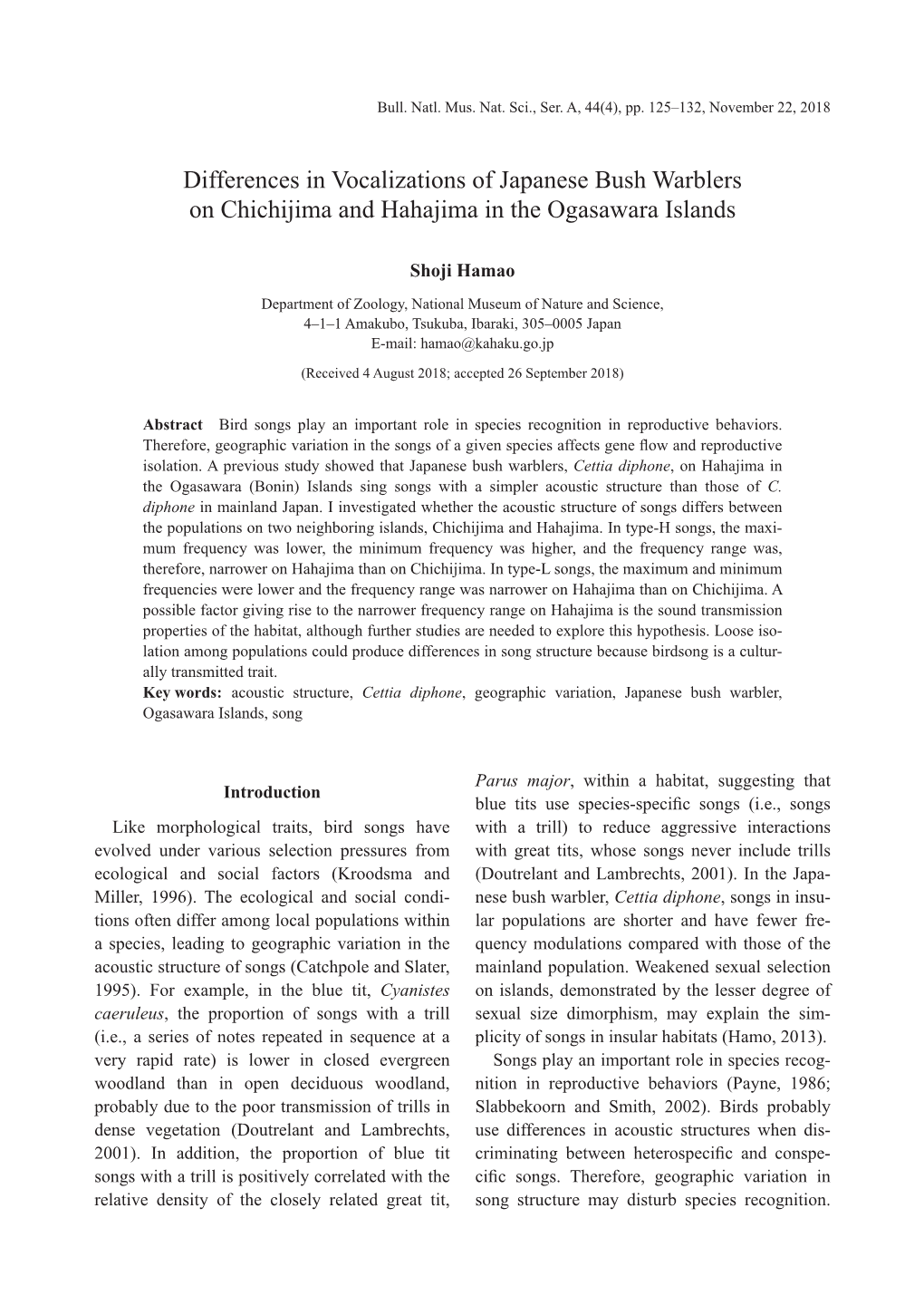 Differences in Vocalizations of Japanese Bush Warblers on Chichijima and Hahajima in the Ogasawara Islands