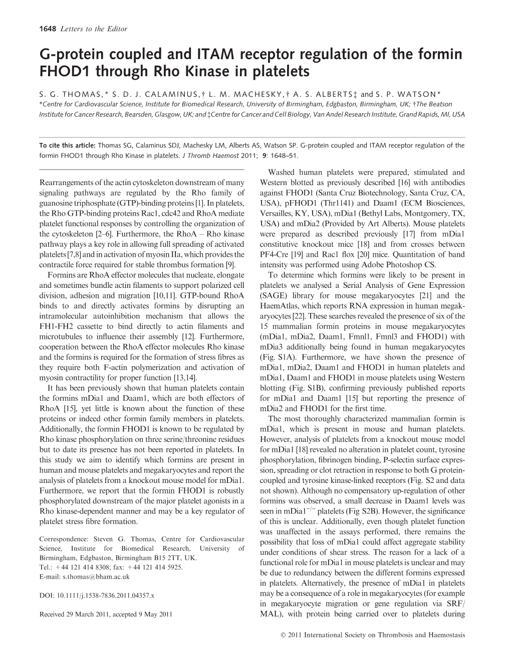 G-Protein Coupled and ITAM Receptor Regulation of the Formin FHOD1 Through Rho Kinase in Platelets