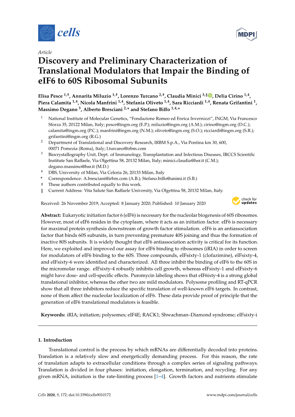 Discovery and Preliminary Characterization of Translational Modulators That Impair the Binding of Eif6 to 60S Ribosomal Subunits