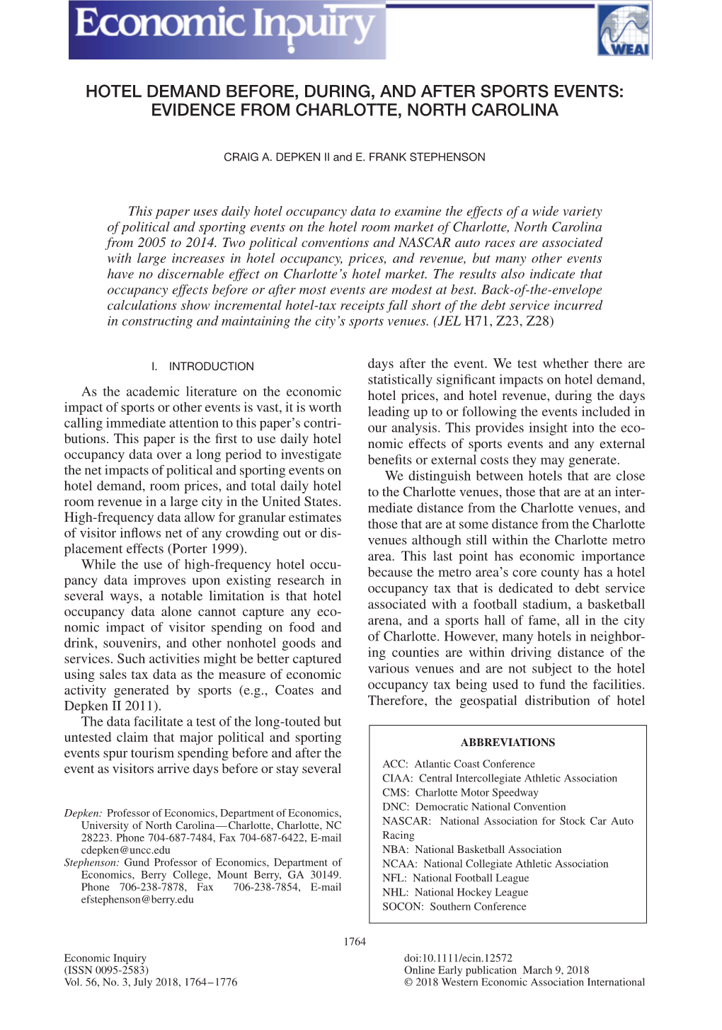 Hotel Demand Before, During, and After Sports Events: Evidence from Charlotte, North Carolina