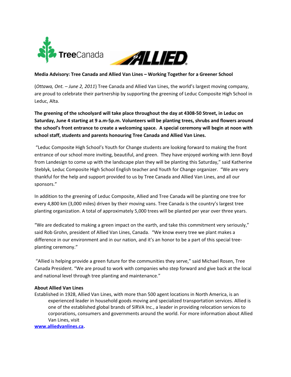 Media Advisory: Tree Canada and Allied Van Lines Working Together for a Greener School