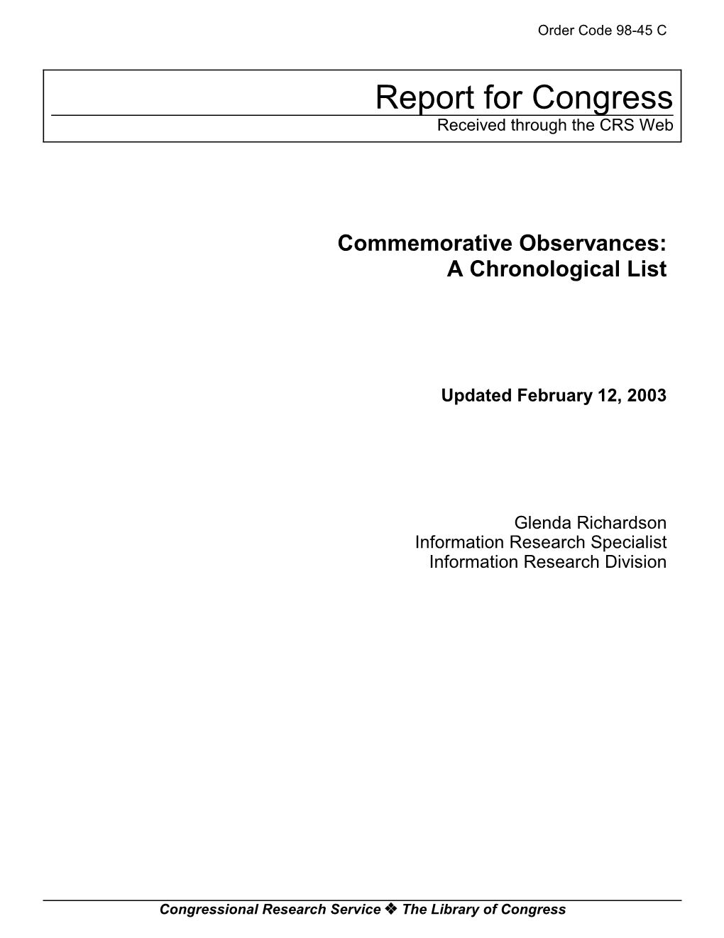 Commemorative Observances: a Chronological List